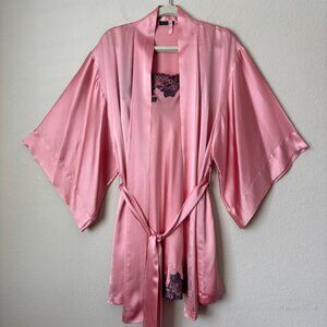 Josie Natori Lolita Chemise Silk Slip and Kimono Sleeve Silk Robe Pink Set